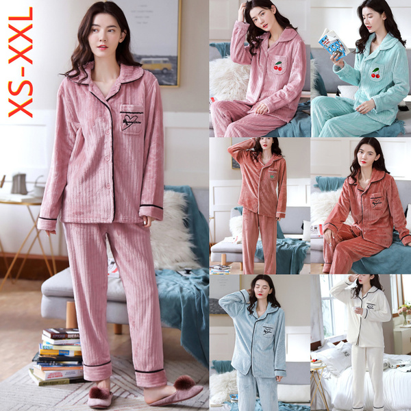 2pcs Pajamas Set Winter Women's Sleepwear Warm Flannel Pajamas For