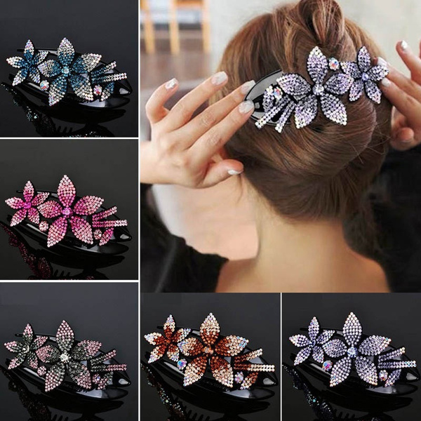 6 Colors Rhinestone Double Flower Hair Clip Flexible Durable Women Hair ...