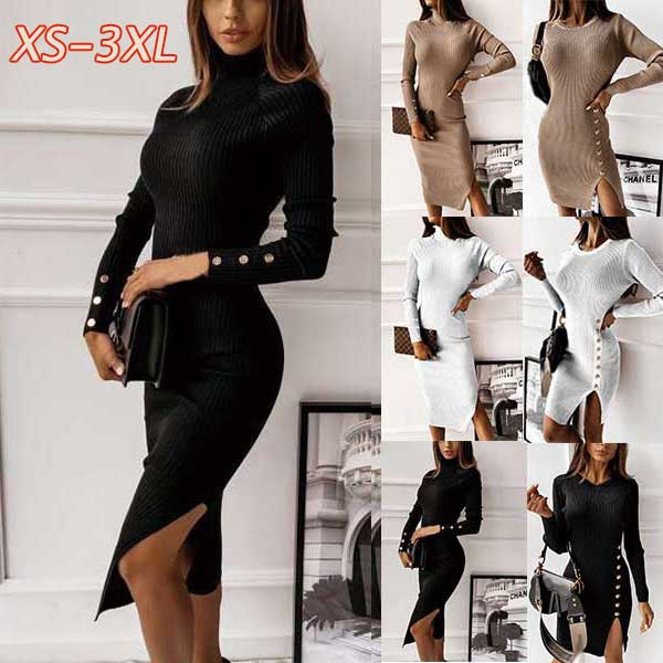 Autumn Winter Fashion Women Backless Knitted Sweater Dress Casual Solid  Color Long Sleeve Turtleneck Slim Dresses Ladies Bodycon Dress