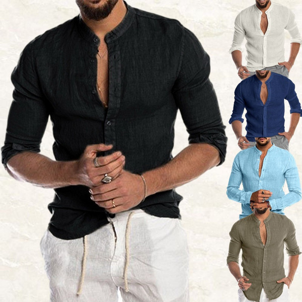 Men's Cotton Linen Shirt Loose Tops Long Sleeve Tee Casual Shirt Men ...