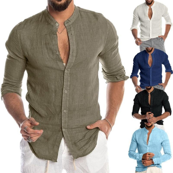 Men's Cotton Linen Shirt Loose Tops Long Sleeve Tee Casual Shirt Men ...