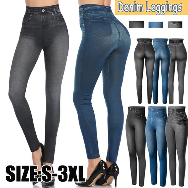 Aolong Skinny Leggings for Women Denim Jeans Look Pants with Pockets Slim  Fit Totally Shaping Pull-on Jeggings Fitness Plus Size Leggings
