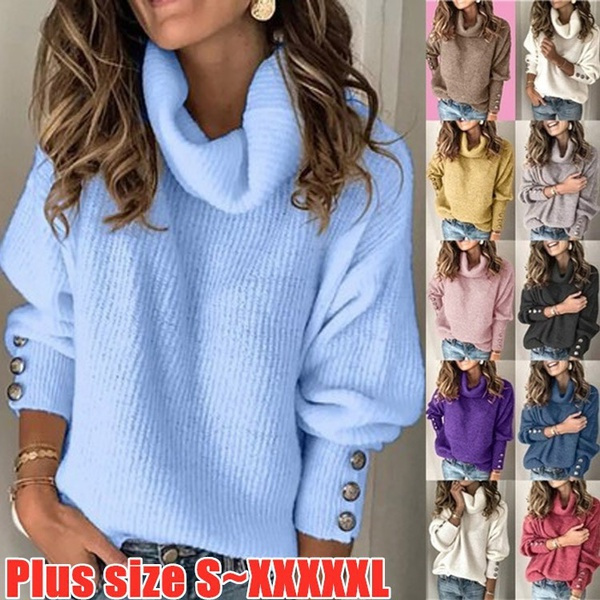 Women Casual Long-sleeve Solid Color Large Size Pullover Turtleneck Sweater
