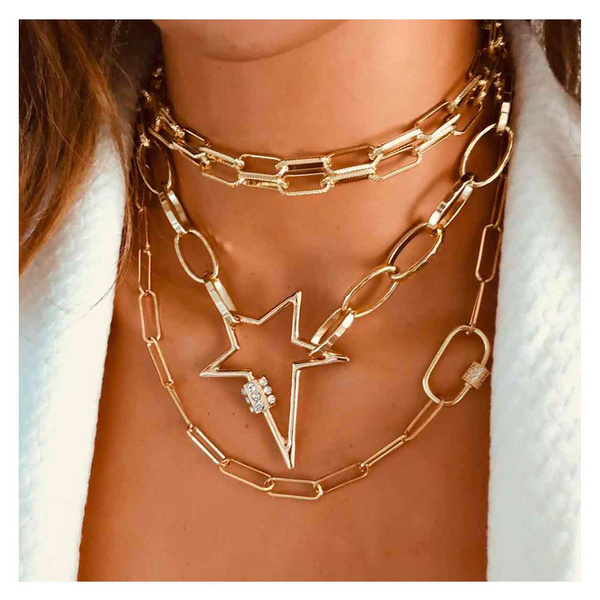 YOHAPP European And American Style Retro Alloy Lightning Diamond  Five-pointed Star Multi-layer Necklace Carabiner Necklace