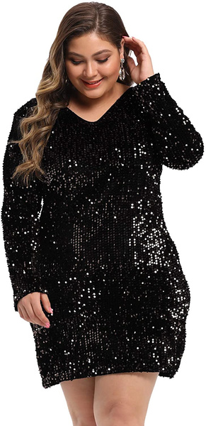 LLmansha Women's Plus Size Glitter V-Neck Long Sleeve Bodycon Cocktail Party Sparkly Evening Mini Dress | Wish