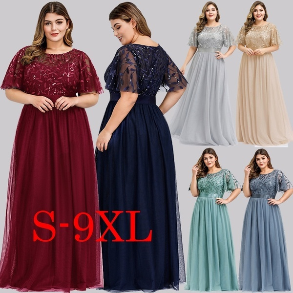 Ever Pretty New Plus Size Fashion Women Vestidos De Fiesta O Neck Short Sleeve Sequins and Embroidery Evening Party Prom Maxi Dress Robe De Soiree