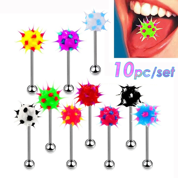 4/10pc Colorful Silicone Spike Ball Tongue Rings Women Stainless Steel  Tongue Piercing Barbell Tongue Bar Funny Body Jewelry 14G