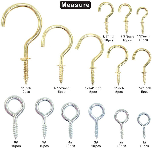 Eye Bolts Screw Hooks and Brass Plated Ceiling Screw Cup Hooks Hangers,  Assortment 15 Sizes, 112 Pieces