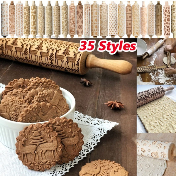 Rolling Pin Flower Wooden Embossing Baking Cookies Biscuit Fondant Christmas 