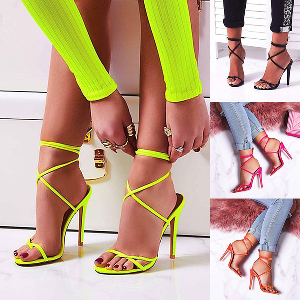 Neon Yellow Stretch Fabric Ankle-Wrap High Heels – AMIClubwear