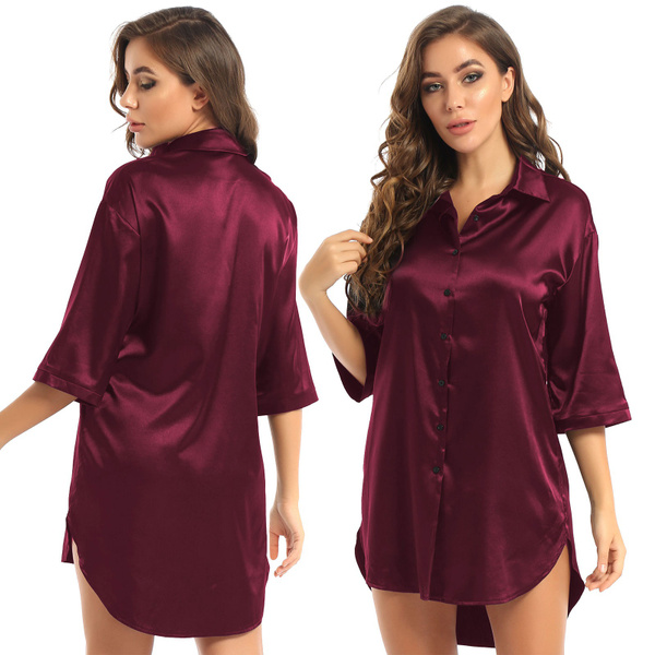 Women Long Sleeve Sleepwear Homewear Nightshirt Satin 3/4 Sleeve Nightshirt  Button Down Pajamas Shirt