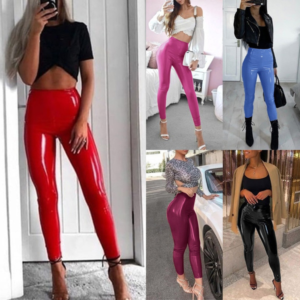 Sexy High Waist Wet Look PU Leather Vegan Leather Leggings For
