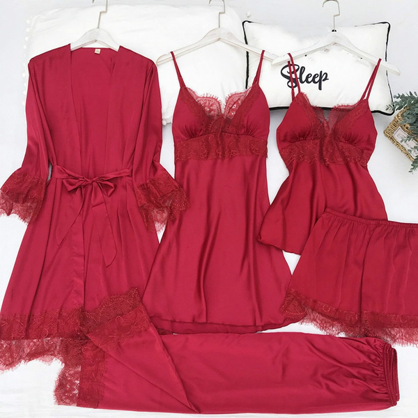 Women Gowns PJ Set of 5PCS Pajamas Set Silk Satin Womens Lace Nightwear