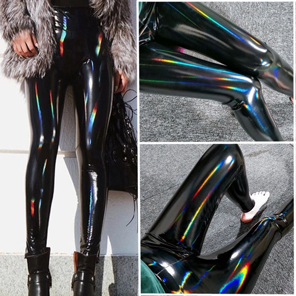 New Fashion Ladies High Waist Leggings Shiny PU Leather Pants Stretch Tight  Trousers