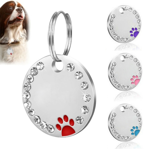 Pet Cat 1/2/3/5/6pcs 7colors Dog Tag Paw Collar Necklace Id Name Engraved  Key Ring Chain Rhinestone Metal