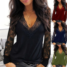 Women's Fashion Solid Lace V-Neck Long Sleeves Casual Blouses