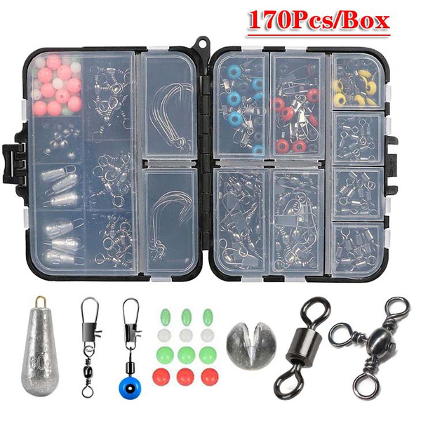 170Pcs/Box Fishing Tackle Box with Fishing Hooks Swivels Weights Jig