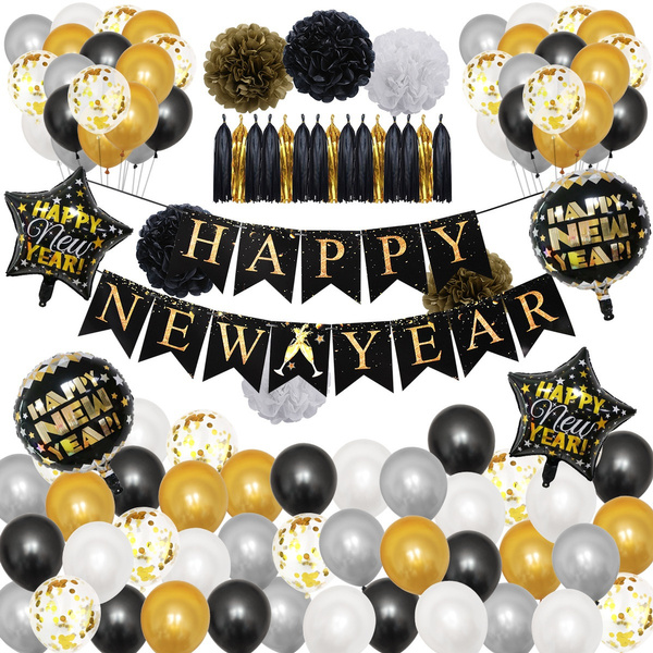  Happy NewYear Party Decorations Black White Gold