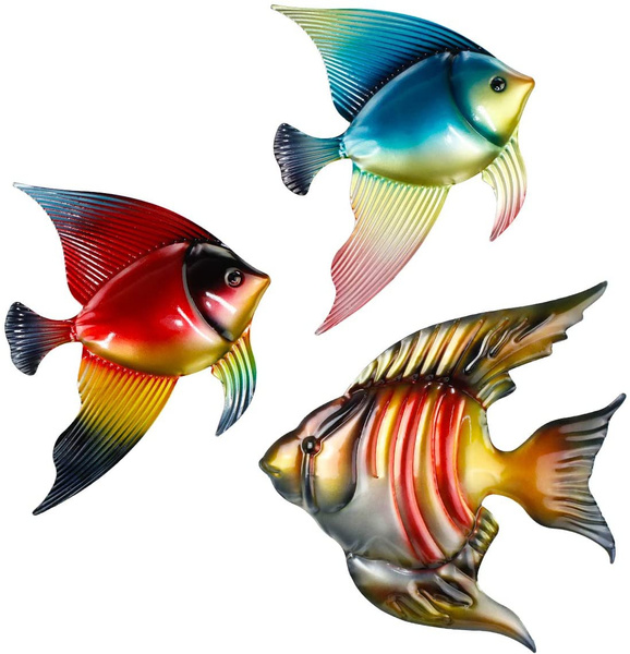 Set of 3 Metal Fish Wall Decor Art Outdoor Indoor Sculpture Hanging for ...