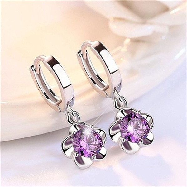 Fine Nice Woman Loop Earrings 925 Sterling Silver Exquisite Flower High