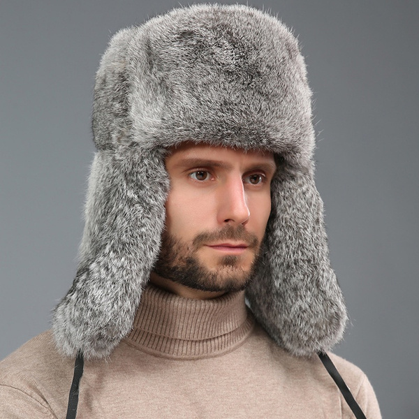 Genuine Rabbit Fur Russian Ushanka Winter Hat Trapper Bomber W/Ear ...
