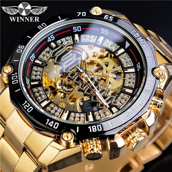 Montre Homme Winner Automatique - Boîtier Doré, Cadran Noir, Bracelet Caoutchouc - Neuve Avec étiquettes