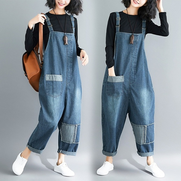 Women Denim Jumpsuits Oversized Fashion Loose Wide Leg Cargo Pants Pockets  Ladies Vintage Black Playsuit Jump Suits Fall Winter - Jumpsuits -  AliExpress