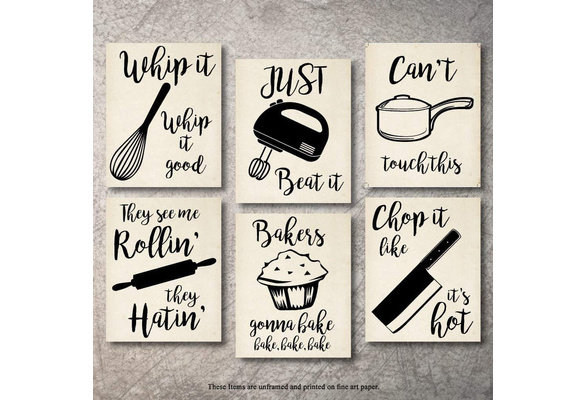 Home Decor Funny Gift 6 Kitchen Wall Art Prints Kitchenware with Sayings  Unframed Farmhouse Home Office organization Signs Bar Accessories  Decorations sets white house Deco Kitchen Decor (8x10) 