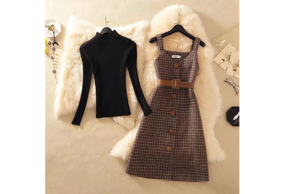 Streetwear Two Piece Dress Women Autumn Winter Sweater wool Knee-Length  Dresses With belt plus size Elegant party Dress vestidos