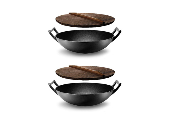 Nutrichef Pre Seasoned Cooking Wok Cast Iron Stir Fry Pan w/ Wooden Lid (2 Pack)