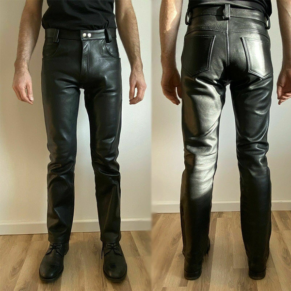 Mens Black Biker Leather Pants Fashion Motorcycle Trousers Breeches ...