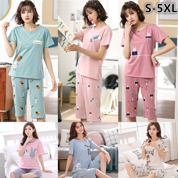 [S-5XL] Women's summer pajamas plus size ladies short-sleeved pajamas set  Slim cute cartoon loose fashion casual homewear sleepwear 2 / PCS