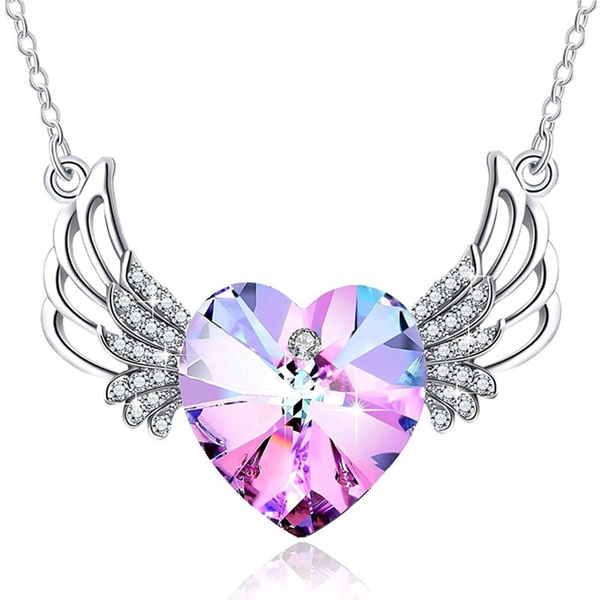 Angel Wings Heart Pendant With Purple And White Crystals On Silver Necklace