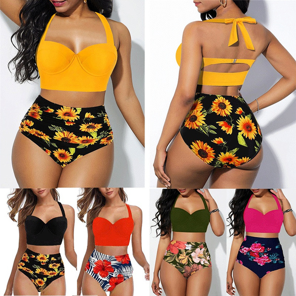 Fashion Sexy Printing Bikini Split Swimsuit Plus Size Sunflower Swimsuit  High Waist Bikinis Set Swimsuits for Women Maillot De Bain Femme Women