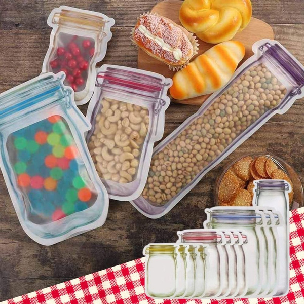 Mason Jar Zipper Bags, Reusable Food Storage Airtight Ziplock Pouch, Kids  Snack Plastic Bottle Shaped Baggies, Resealable Air Tight Lunch Sandwich Bag,  USA Made Leak Proof Small Camping Travel Zip Bottles Jars