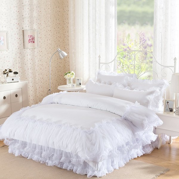 Korean Princess Lace Luxury Bedding, White Lace Duvet Cover King