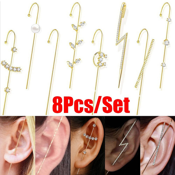 FUNEIA 14K Gold Ear Wrap Earrings for Women Crawler Hook Earrings Gold Sparkling Cubic Zirconia Ear Cuffs
