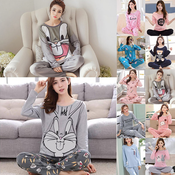 Plus Size Fashion Pajamas Women Girl Cotton Long Sleeve Loose Spring and  Autumn Students Cute Winter 2Pcs/set Home Service Sleepwear