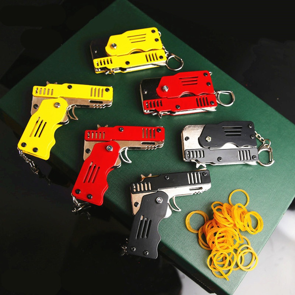 Rubber Band Gun Mini Metal Folding 6-Shot with Keychain 7 Colors 8Y9Y 