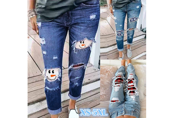 Christmas Jeans for Women Snowman Plaid 