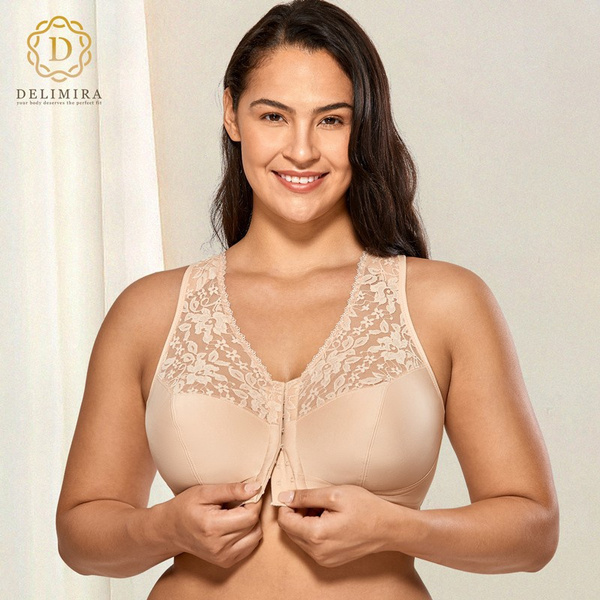 Delimira Women Plus Size Lace Sheer Front Closure Non Padded Full Coverage  Wirefree Racerback Bra