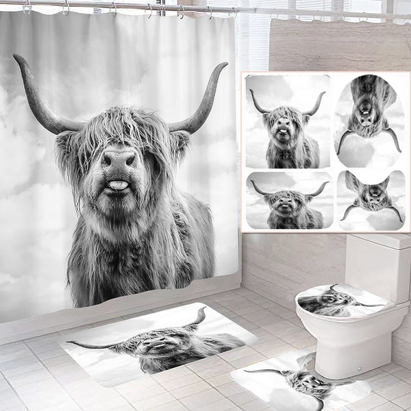 Home Bathroom Decor Set Cool Grey Background Highland Cow Pattern Toilet  Seat Cover Bath Mat Set+ Waterproof Shower Curtain