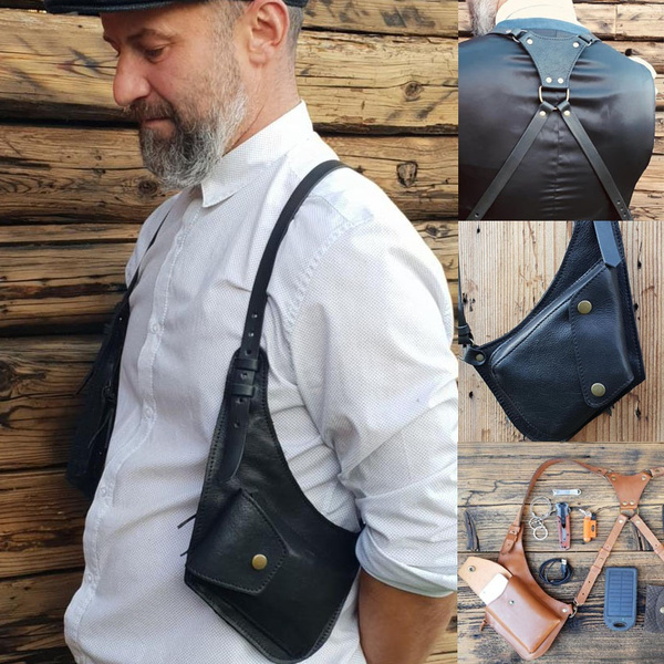 Underarm Bag Steampunk Medieval Leather Dual Shoulder Adjustable Shoulder Strap Bag Hidden Pocket Holster Bag Men Leisure Double-Shoulder Wallet Bag for Casual Outdoor,Black 