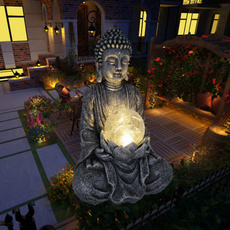 Statua Buddha Meditante Con Luce Solare - Ornamento Da Giardino Esterno, Colore Oro, Tema Religioso
