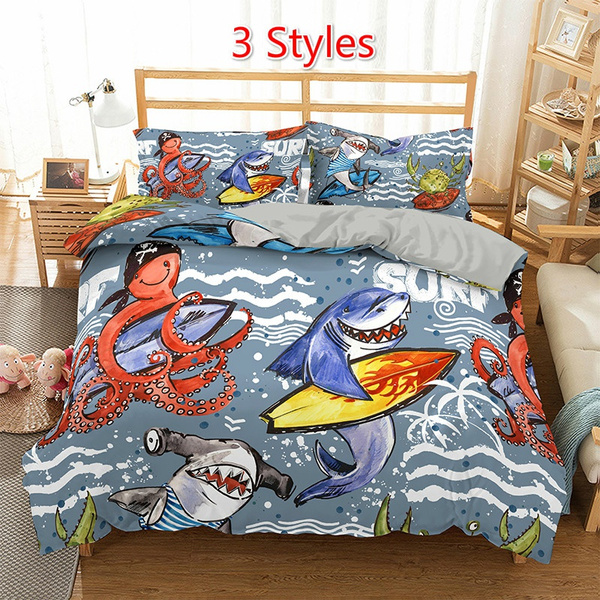 Cartoon Marine Animals Duvet Cover Set Shark Octopus Bedding Set