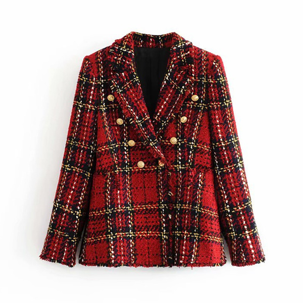 segunda mano Ardilla refrigerador Blazers de cuadros rojos de Tweed para mujer, moda de invierno del 2019,  chaquetas vintage para mujer, chaqueta de retazos, abrigos para niña,  elegante conjunto de ropa | Wish