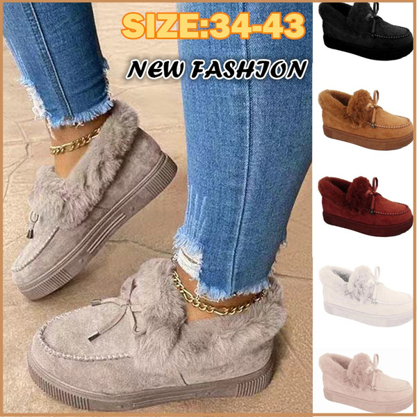 Winter Autumn Women's Casual Fur Shoes Cute Bowknot Trending Fluffy Furry  Slip-on Shoes Ladies Plush Loafers Flat Platform Shoes 35-43