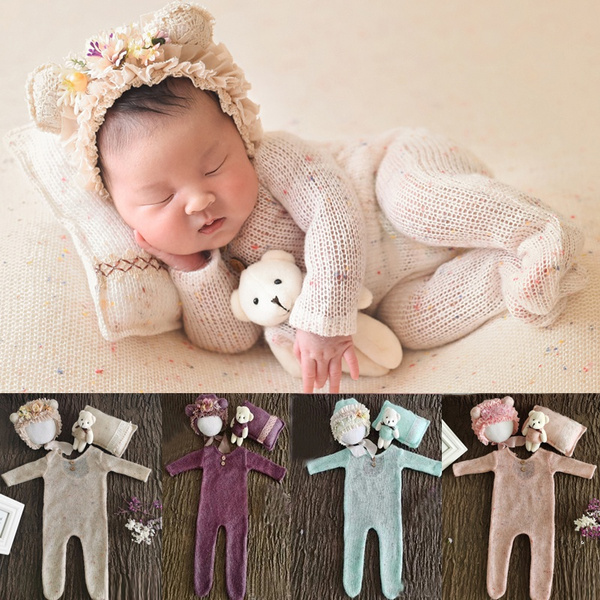 03 Month Newborn Photography Props Set Boy Girl Baby Jumpsuit Photo
