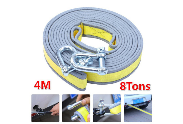 4m 8 Tons High Strength Car Trailer Towing Rope Recovery Tow Strap with  U-shape Hooks Lifting Tools with Reflective Tow Rope