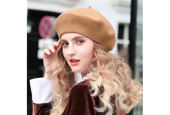 Wool Beret Hats Women Pure Felt British Style Solid Color Slouchy Winter  Female